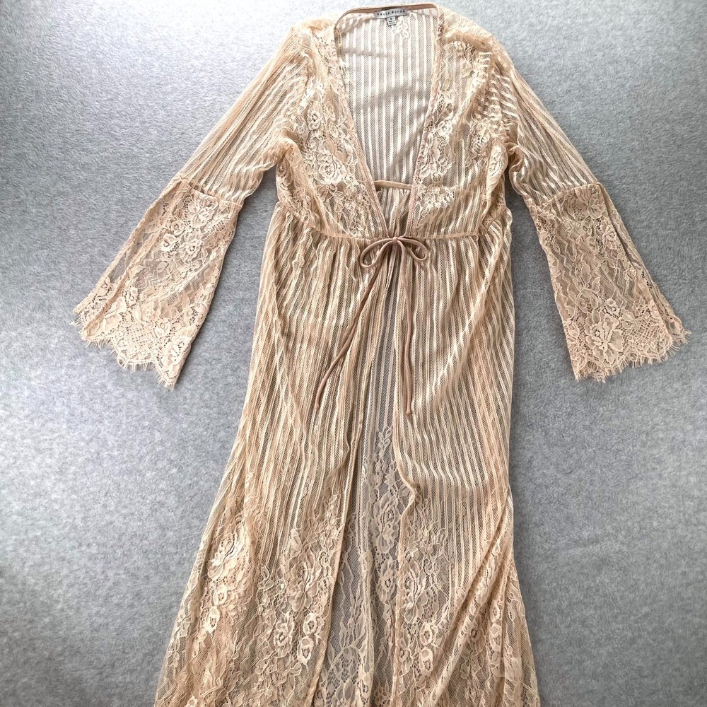 Haute Monde Lace Kimono Cardigan Womens Medium Nude Bohemian Festival Tie Front